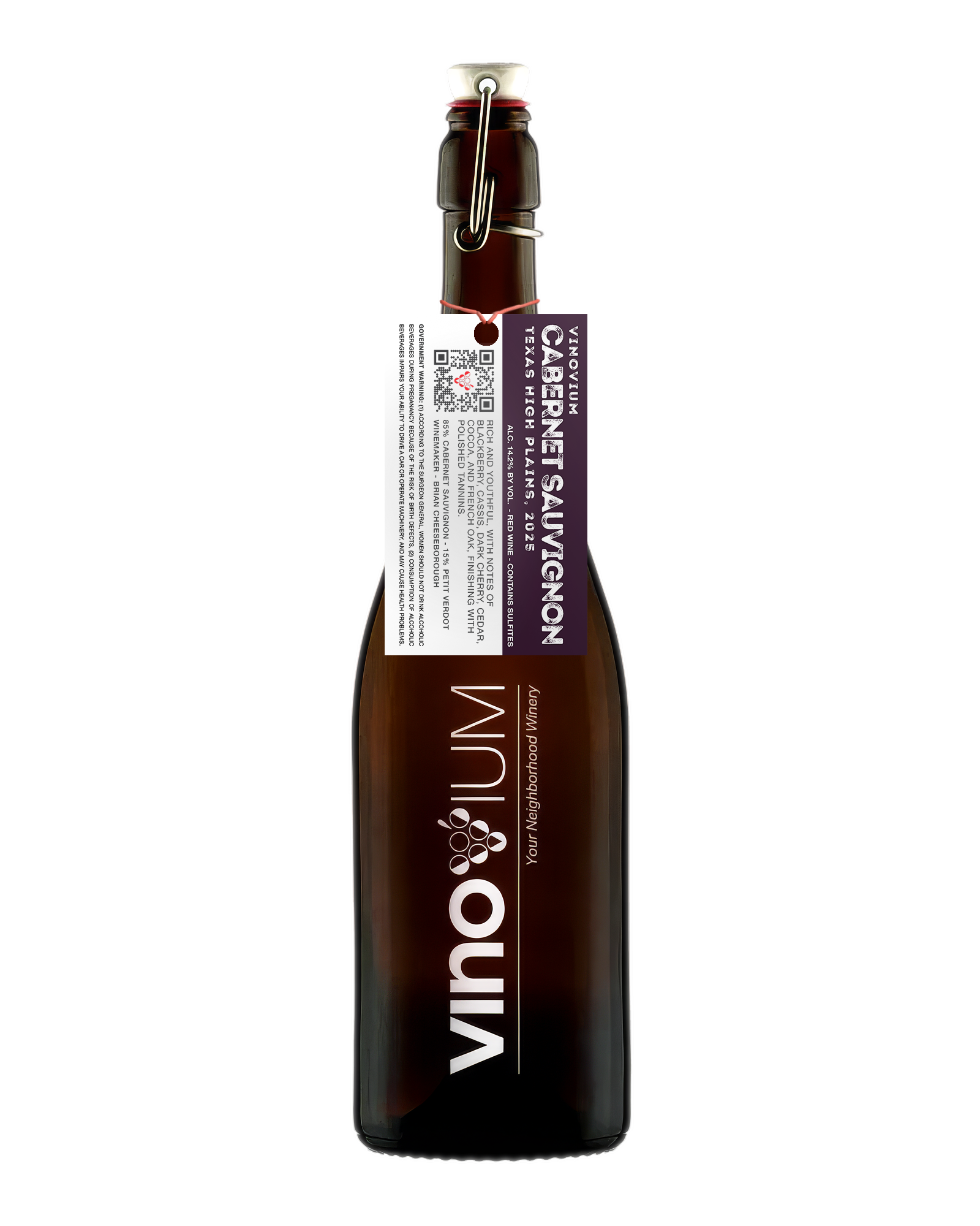 A swing-top wine growler bottle of Vinovium Cabernet Sauvignon red wine, featuring a dark brown glass bottle, a white and purple hangtag, and a white label on a plain white background.