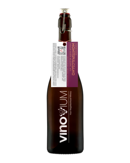 A dark brown glass growler wine bottle of Vinovium Montepulciano Ripasso NV wine with a swing-top closure, featuring a white and purple hangtag 