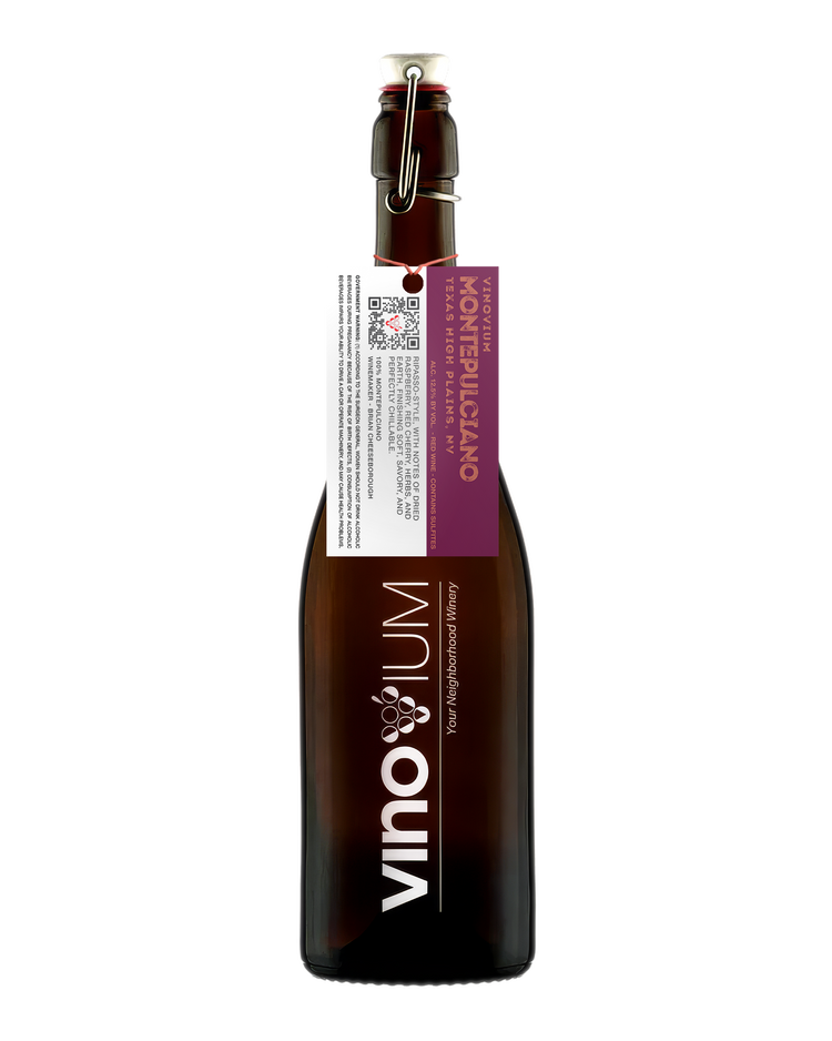 A dark brown glass growler wine bottle of Vinovium Montepulciano Ripasso NV wine with a swing-top closure, featuring a white and purple hangtag 